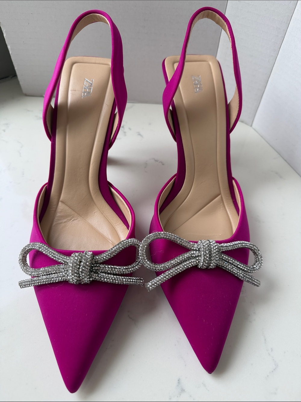 Zara Fuchsia Slingback Pointed Toe Heels with Crystal Bow size 11 - Picture 10 of 11